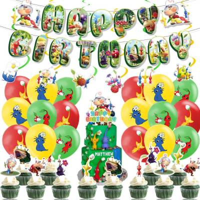 PIKMIN theme kids birthday party decorations banner cake topper balloons swirls set supplies