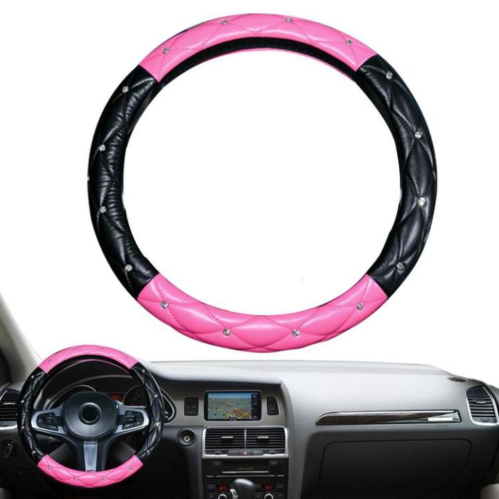 glitter-steering-wheel-cover-anti-slip-pu-leather-rhinestone-steering-wheel-cover-soft-car-interior-accessories-for-women-girls-portable-steering-wheel-protector-positive