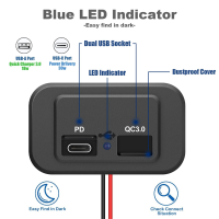 12V/24V RV USB Outlet, Dual PD3.0 Type-C (USB C) &amp; Quick Charge QC3.0 USB-A Port Panel Mount Car USB Socket Charger