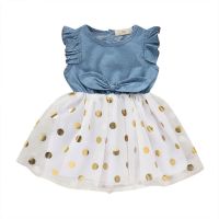 【Ladies shop】ฤดูLadies shopเด็กวัยหัดเดิน BabyDenim DressRuffles Fly SleeveFloral Dot Tulle Tutu Sundress