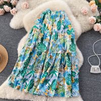 【CC】๑✵▣  Fashion Floral Print Beach Pleated Skirt Waist Cotton Boho SKirts