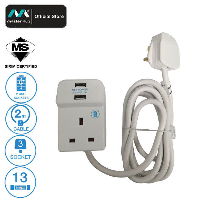 Masterplug 2 USB 2.1A Shared Charging 3 Gang 13amp Electrical Extension