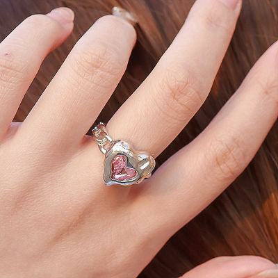 แหวนหัวใจคริสตัลสีชมพูแบบไม่สม่ำเสมอ Y2K สุดสร้างสรรค์โอปอลแหวนคู่หัวใจสลายเครื่องประดับแหวนเปิดพลอยเทียมสีชมพู
