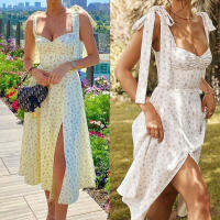 Summer Spring Floral Dress Women y Casual Fashion Clothing 2022 Lady Long Slip Cotton Pleated With Slit White Yellow Lace-up