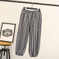 【มีไซส์ใหญ่】Plus Size Womens XL-4XL Elastic Waist Plaid Pants Ladies Vintage Ankle Spring Summer Trousers