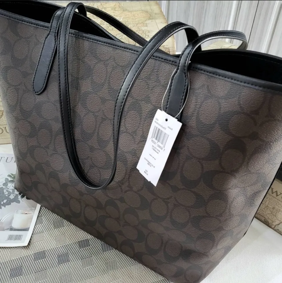 Original Coach City Tote In Signature Coated Canvas Women's Tote Bag C5696  - Brown / Black