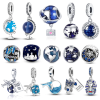 MULA 925 เงินสเตอร์ลิง Blue Series World Globe Charms Earth เครื่องบิน Charms จี้ลูกปัด Fit Pandora สร้อยข้อมือผู้หญิง-Naoei