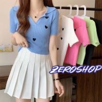 Zero shop?พร้อมส่ง? (Zero-3045)  เสื้อไหมพรมทรงครอปสั้น คอปก ดีเทลหัวใจเล็กน่ารักสีแซ่บ