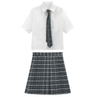 เสื้อผ้าแฟชั่นสำหรับสุภาพสตรี The new spring and summer in basic jk skirt the original school uniform wind pleated skirt suit a full set of white shirts with short sleeves grid