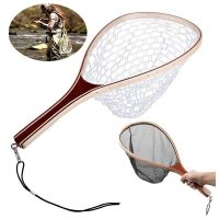 Fly Fishing Landing Nets Wooden Handle Rubber/Nylon Landing Handle Trout Mesh Fish Catch Release Scoop Fishing Tool