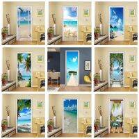 Custom Beach Sun Self-Adhesive สติกเกอร์ประตูตู้เย็นวอลล์เปเปอร์3D PVC ห้องนอนห้องน้ำห้องครัว Entrance Home Design ตกแต่ง Porte ทิวทัศน์โปสเตอร์ภาพจิตรกรรมฝาผนัง Wall Deursticker