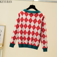 Argyle Sweater Womens Korean Style Female 2021 Spring Autumn Pullover Women Long Sleeve Knitted Plaid Woman Sweaters Jumpers Top