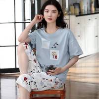 Cotton Pajamas Womens Summer Short Sleeves Shorts Thin Suits Womens Cartoon Round Neck Loungewear Kawaii Pajamas Plus Size 5XL