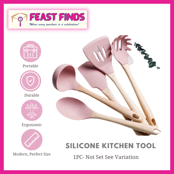 Feast Finds Silicone Kitchen Tool Cooking Utensils Kitchen Heat Resistant,  Wooden Handles Pink Kitchen Gadgets Tools for Nonstick Cookware