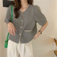 ✸▪▫ 43270 V-Neck Temperament Lace Stitching Checked Shirt Top