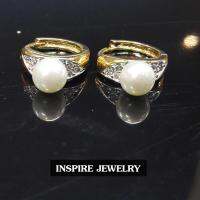 INSPIRE JEWELRY ต่างหูมุกแฟชั่นเกรดพรีเมี่ยม ดีไซด์ด้วยเพชรสวิส ขาห่วงล็อค งานจิวเวลลี่  ขนาดวง 1.5cmx1.5cm งานปราณีตแบบร้านเพชร