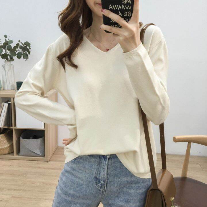 spot-loose-slimming-v-neckline-solid-color-sweater-womens-soft-glutinous-comfortable-long-sleeve-base-shirt-all-matching-top-2023