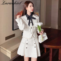 Autumn Winter Small Fragrance Vintage Tweed Two Piece Set Women Bow Collar Woolen Short Jacket Coat + Mini Pleated Skirts Suits