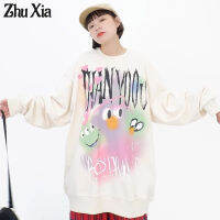 Zhu Xia เสื้อแขนยาวคอกลมผ้าฝ้ายหนา400กรัม,เสื้อแบบย้อนยุคลายการ์ตูนสำหรับสตรีฤดูใบไม้ร่วง