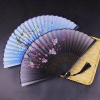 【CW】 1PC Retro Chinese Japanese Silk Bamboo Folding Fan Home Decoration Ornaments Floral Painting Hand Held Fans Dance Party