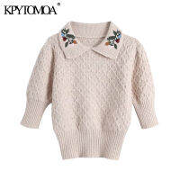 KPYTOMOA Women 2021 Fashion Floral Embroidery Knitted Sweater Vintage Peter Pan Collar Short Sleeve Female Pullovers Chic Tops