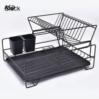 Double Rows Stainless Steel Dishes Drying Rack with Drain Board for Kitchen Counter Dishes Rack with Utensil Holder