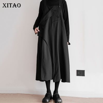 XITAO Dress Solid Black Loose Fashion Square Neck Sleeveless Splice Women Asymmetric Strap Dress