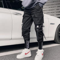 Men Cargo Pants Black Ribbons Block Multi-Pocket Harem Joggers Harajuku Sweatpant Hip Hop Casual Harem Tide Male Trousers