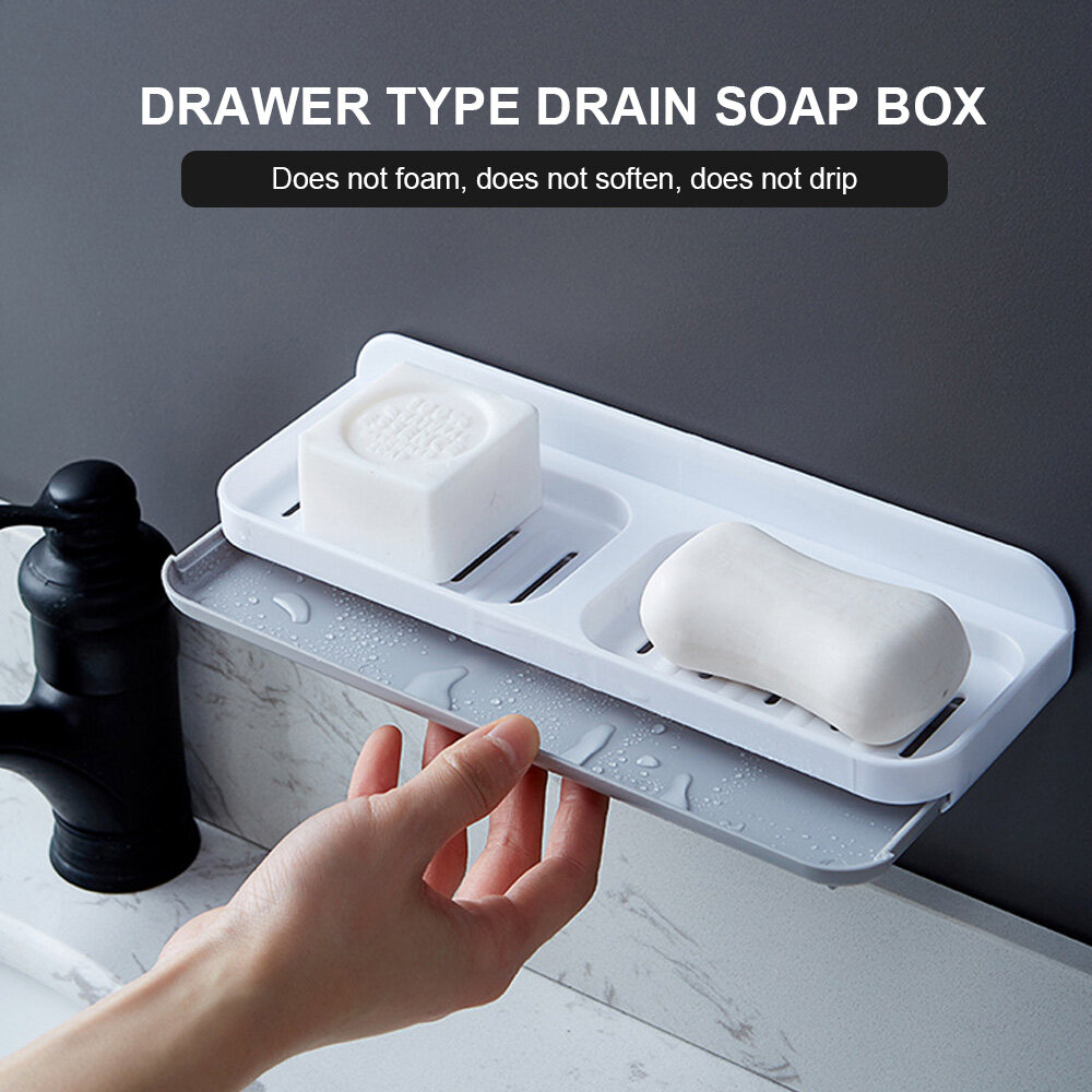 ThorCo Wall Mounted Drawer Soap Dishes Bathroom Soap Rack Sponge Holder No Drilling Soap Storage Tray for Bathroom&Kitchen Sink