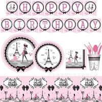 [Afei Toy Base]Tower Girl Theme Disposable Tableware Baby Shower Paris Girl Birthday Party ตกแต่งแผ่นทิ้งผ้ากันเปื้อนถ้วยแบนเนอร์