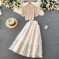 Sweet temperament half-high neck heavy industry beaded slim short knit top mesh cake half-length skirt two-piece suit