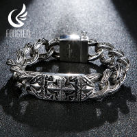 Fongten Vintage Cross Charm Cuban Link Chain Bracelet Men Blacken Stainless Steel Punk Gothic Viking Heavy Male Bracelets Bangle