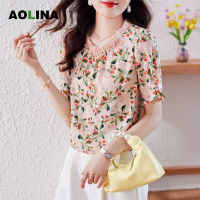 ร้อน, ร้อน★AOLINA 2023 new style thin standing collar pleated female chiffon blouse summer thin three-dimensional nail beads floral short-sleeved top