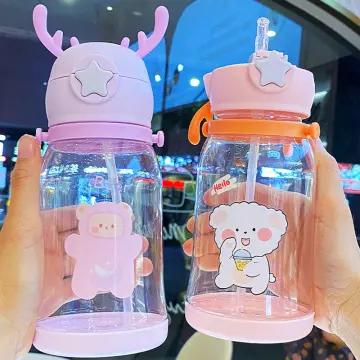 550/650ml Cute Water Bottle for Girls with Lid Straw Sticker Plastic Juice  Milk Portable Kawaii Tumbler Children's Drinkware