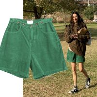 New Green Corduroy Shorts Korean Fashion Loose Straight Pants Womens Summer Cool Solid Color Shorts