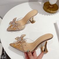 Silver Gold CRYSTAL Butterfly-Knot Women Slippers Sandal Shallow Pointd Toe Mules Clear High Heel PVC Transparent Pumps Slides S