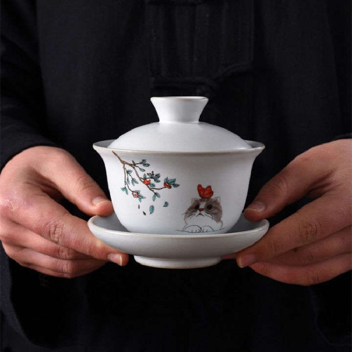 ru-เตาเผาเซรามิกหม้ออบชาบ้านมือทาสีพอร์ซเลน-gaiwan-ที่มีฝาครอบถ้วยน้ำชาจานรองจีนพิธีชงชาอุปกรณ์150มิลลิลิตร