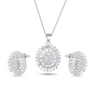 white cubic zirconia diamond 925 silver earring pedant necklace set jewelry .เพชรคิวบิกเซอร์โคเนียสีขาวเงิน 925