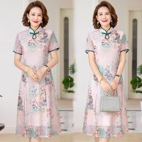 ❐﹉ New mother summer wear short-sleeved chiffon dress 2022 40 50 middle-aged and old womens Chinese qipao dress