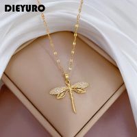 DIEYURO 316L Stainless Steel Personality Dragonfly Pendant Necklace For Women Fashion Girls Clavicle Chain Party Jewelry Gifts Headbands