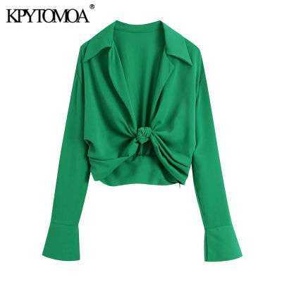 KPYTOMOA Women  Fashion With Knotted Cropped Blouses Vintage Long Sleeve Side Zipper Female Shirts Chic Tops