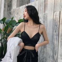 COD SDGYTRUYRT Sexy Satin Crop Tops Women Wireless Bralette Crochet Top Female Spaghetti Strap T-shirt Cropped with Chest Padded Camisole Camis