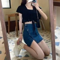 COD ✖❉✎ The Monolopy Shop28dfgs8dgs Denim irregular mini skirt high waist A-line bodycon side split button plain dark blue plus size jeans short skirt