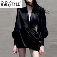 RYRYSTYLE ชุดสีดำคอวีเซ็กซี่ของผู้หญิงแขนโคมไฟสไตล์การแสดงฤดูใบไม้ผลิและฤดูใบไม้ร่วงแฟชั่น9758