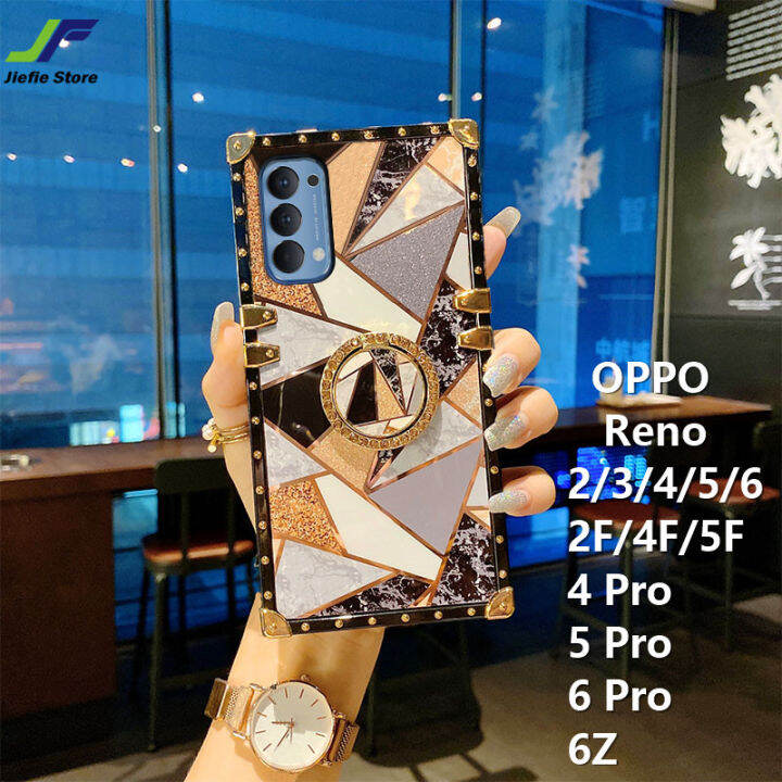 jiefie-luxury-chrome-plated-สำหรับ-oppo-reno-2f-4f-5f-6z-2-3-4-5-6-4-pro-5-pro-6-pro-matte-powder-และ-glossy-ฝาครอบโทรศัพท์-tpu-สี่เหลี่ยมพร้อมขาตั้งวงแหวน