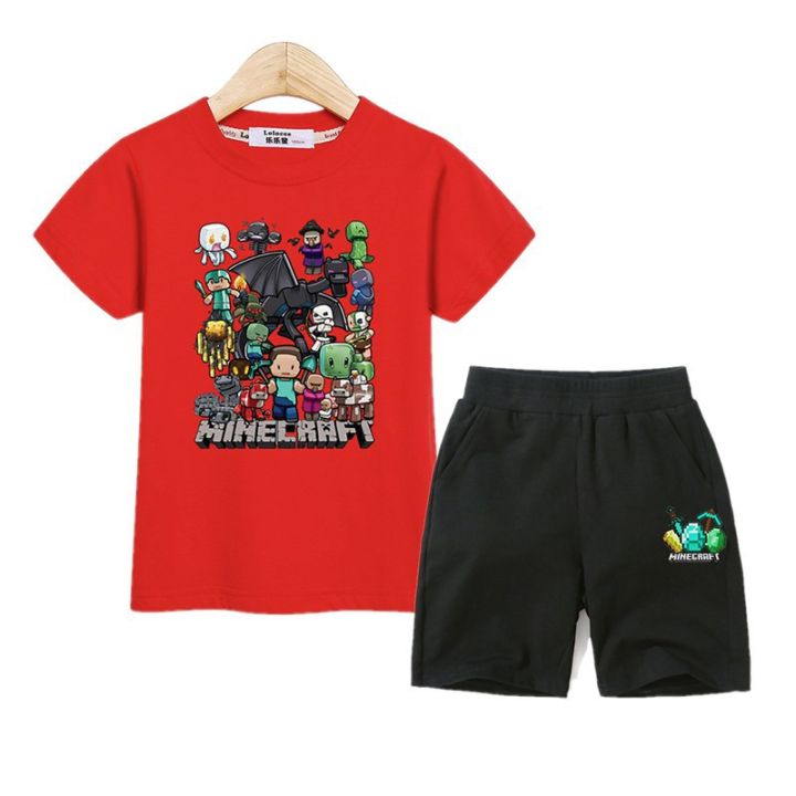 เสื้อผ้า-minecraft-เด็กเสื้อยืดและกางเกงขาสั้น-2-piece-suit-kid-clothes-minecraft-boy-set