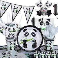 【JIU YU】☬  Panda Theme Birthday Party Kids Tableware Descartável Set Placas Guardanapos Baby Shower Presentes Cartoon Panda Foil Balloons