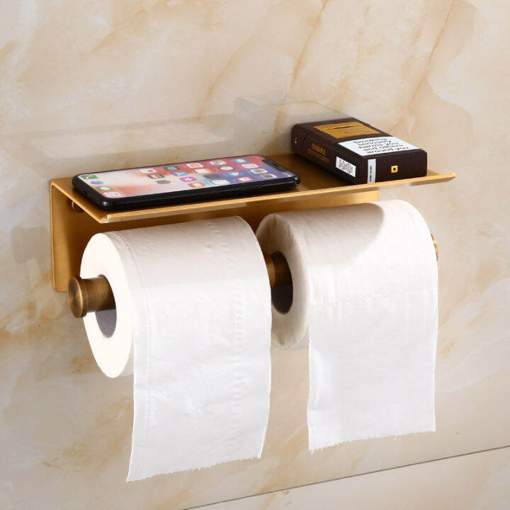 Double Roll Toilet Paper Holder with Phone Shelf, Stainless Steel Gold