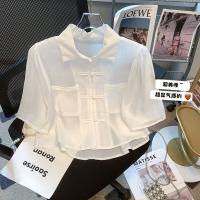 Retro buckle tencel short-sleeved shirt womens foreign style chic age-reducing beautiful chiffon shirt summer advanced loose top 【BYUE】