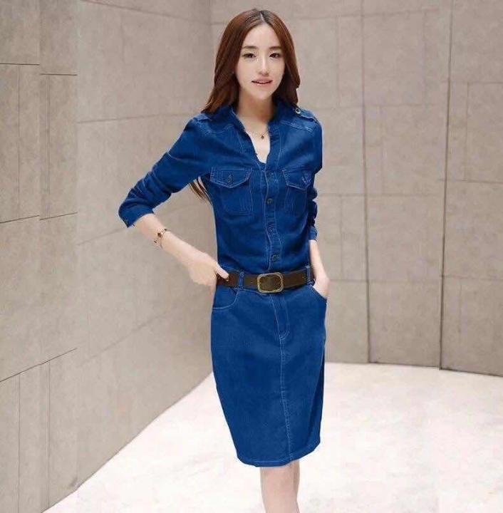 #6811 Korean Elegant Denim Dress With Belt | Lazada PH